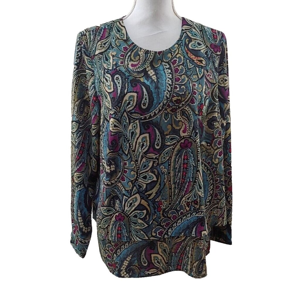 J Jill Womens Tunic Top Medium Long Sleeve Layered Hem Paisley Green Blue Career